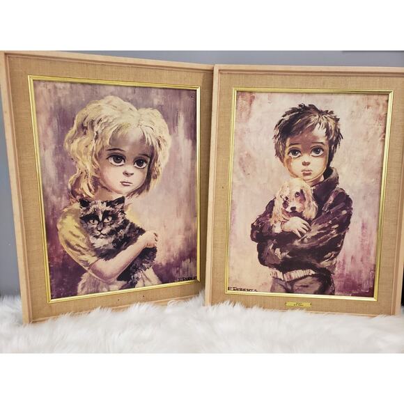 Vintage KEANE STYLE big eye crying child boy girl cat dog gothic mod Margaret‎